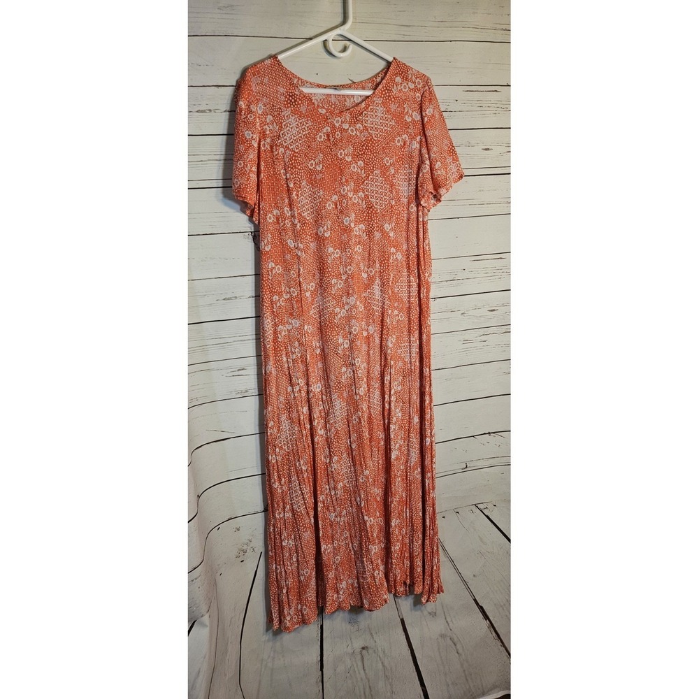 Woman Within Orange‎ Floral Rayon Crinkle Maxi Dress Short Sleeve Size M 14/16